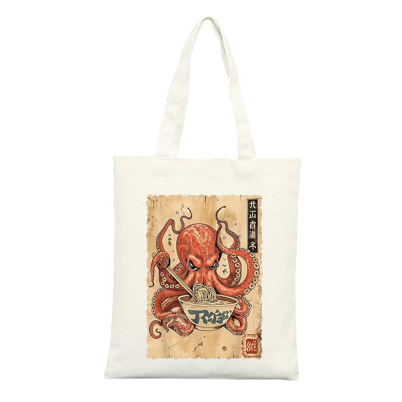 Octopus Graphic Canvas Tote Bag, Vintage Style for Casual Shopping and Daily Use