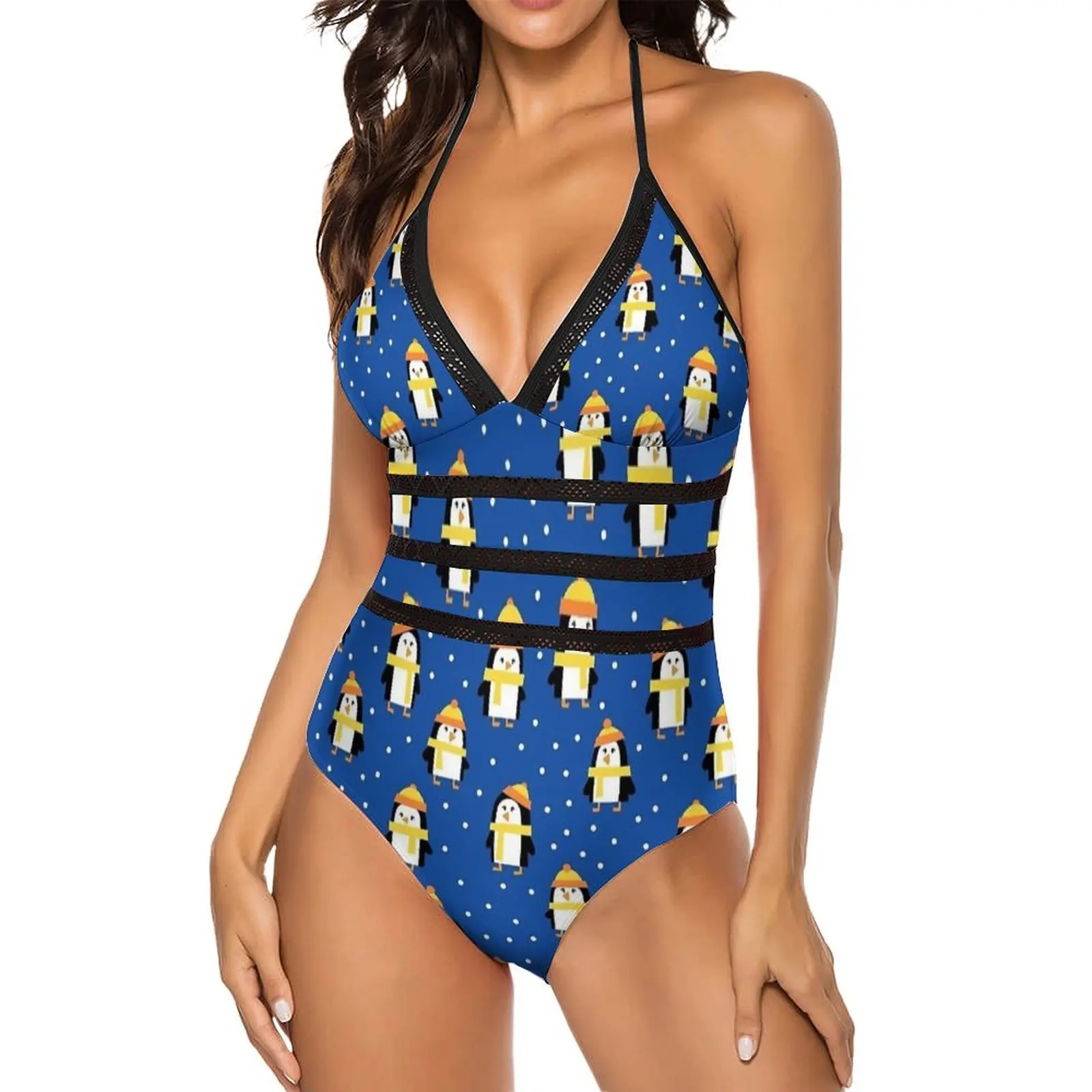 Cute Winter Penguins Yellow Hats Swimsuit Sexy  High Cut Swimwear One Piece Aesthetic Swimsuits Surfing Push Up Bathing Suits