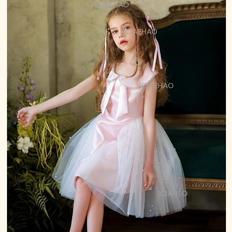 

2026 Elegant Host Piano Performance Costume Children Girls Princess Style Pink Tulle Birthday Evening Gown New Baby Kids Party
