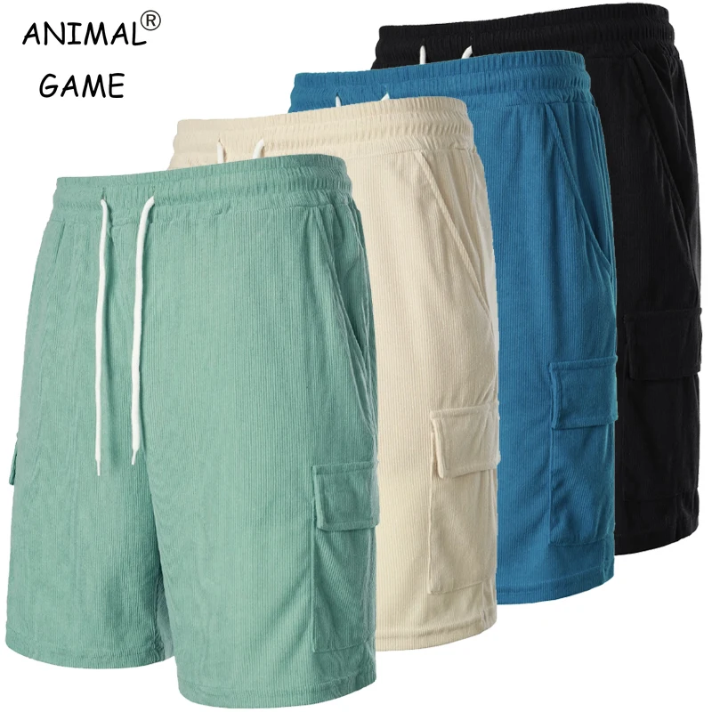 

Summer Men's Drawstring Waist Corduroy Shorts Straight Leg Beach Shorts with Pockets Breathable Gym Shorts Casual Sweatpants