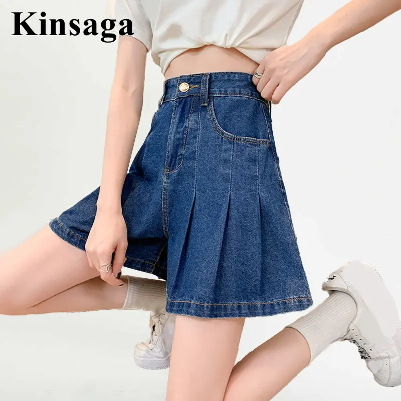 

Women Streetwear Loose Wide Leg Short Jeans 4XL Summer Y2K 90's Girl Denim Shorts Mujer Feminino Jean Kawaii Pleated Jean Skorts