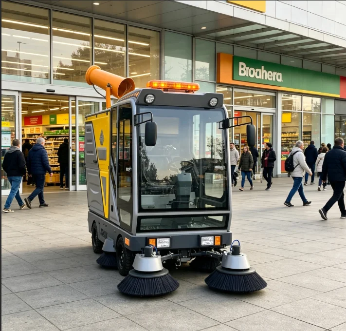Enclosed Ride-On Sweeper 48V Electric Road Cleaner with Cabin and Wipers for All-Weather Outdoor Floor
