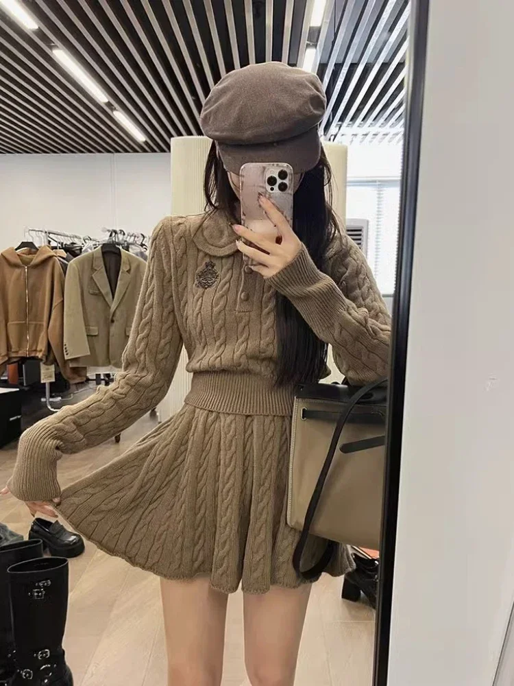 Elegant 2 Piece Skirts Set Women 2023 Autumn Y2k Crop Tops Sweater + Casual Mini Skirt Office Lady Party Korean Knitted Suit