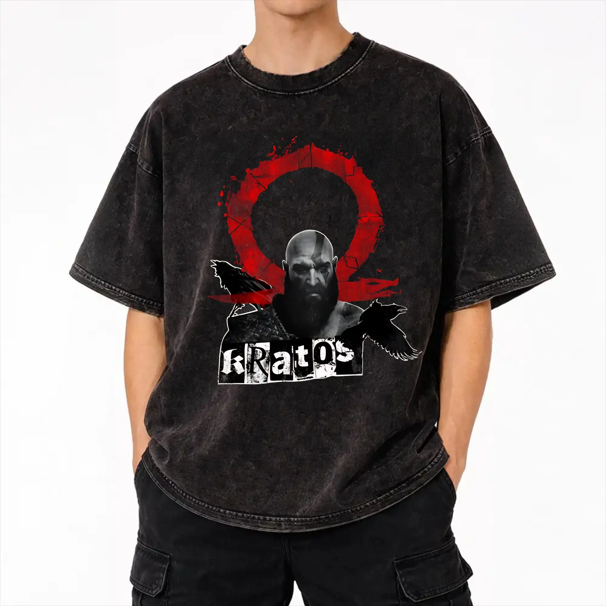 Graphic Printed Kratos Norse Ravens Lord God of War Washed T Shirts Merch Oversize T-Shirt  Men Women Tees