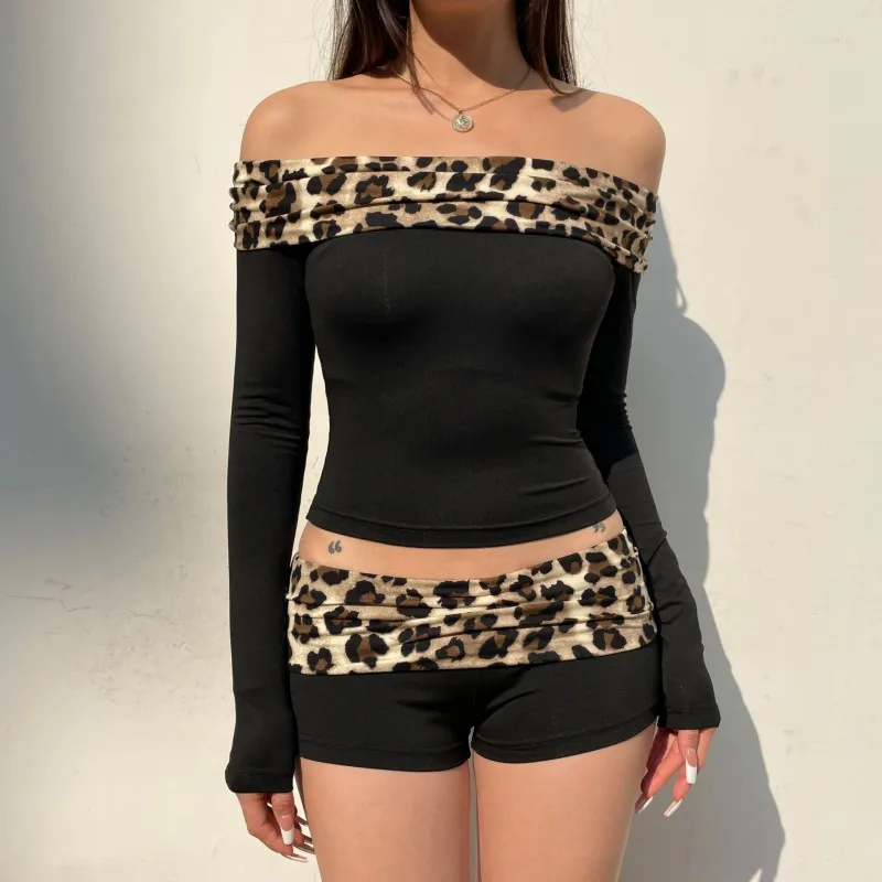 Leopard Print Patchwork Crop Top for Women Y2K Aesthetics Of Shoulder Long Sleeve T Shirts Clothes