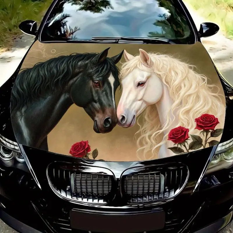 

Black and white horse and red rose pattern car hood sticker, elegant romantic front decoration sticker, high-quality car decora