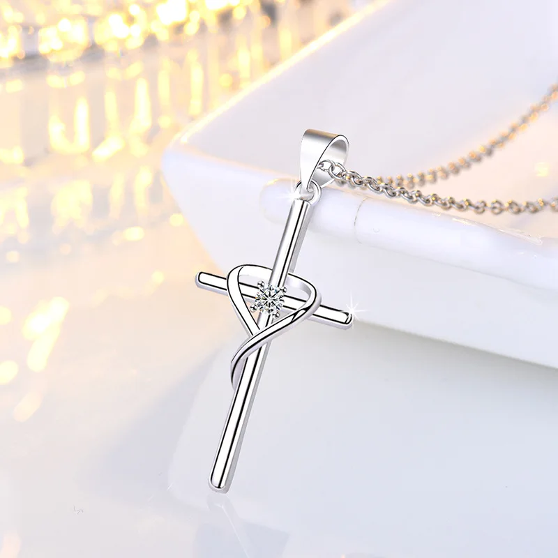 Neue 925 Sterling Silber Halskette Anhänger Kreuz 5A Zirkon für Damen Hochzeitsschmuck Verlobungs-Charm Party-Geschenk Feine Kette – Detail 3