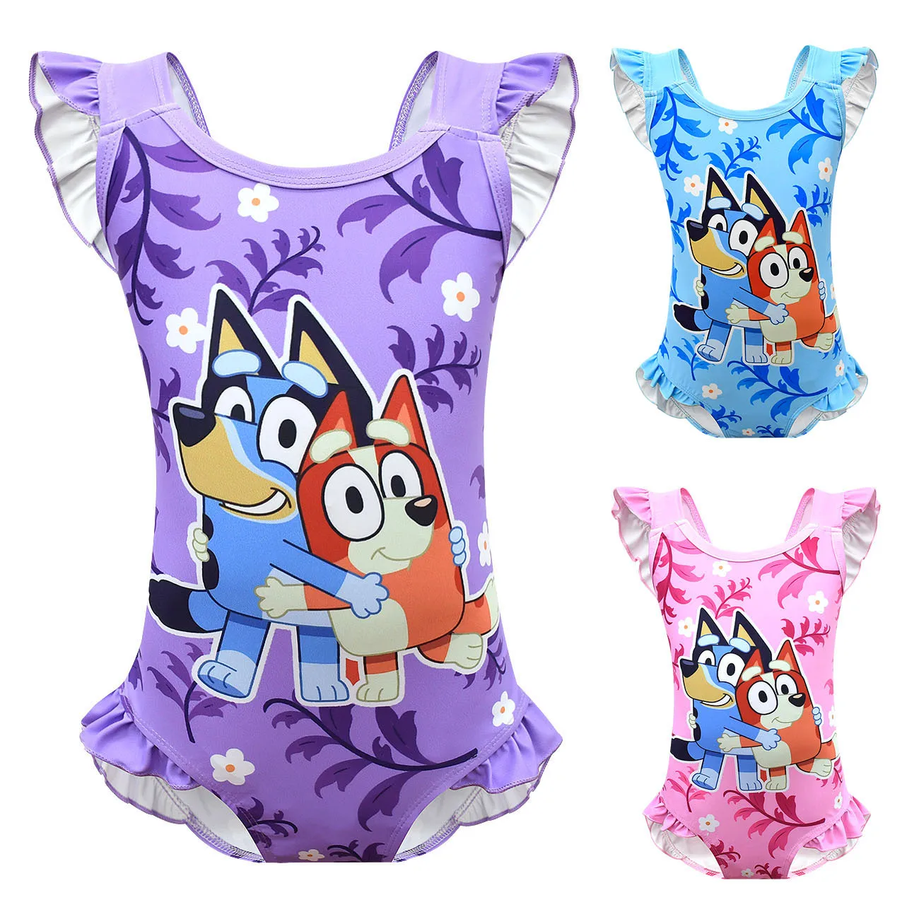 2024 New Bluey Children'S One-Piece Swimsuit Animation Cute Bingo Family Girl Ruffled One-Piece Swimsuit Girl Heart Gift