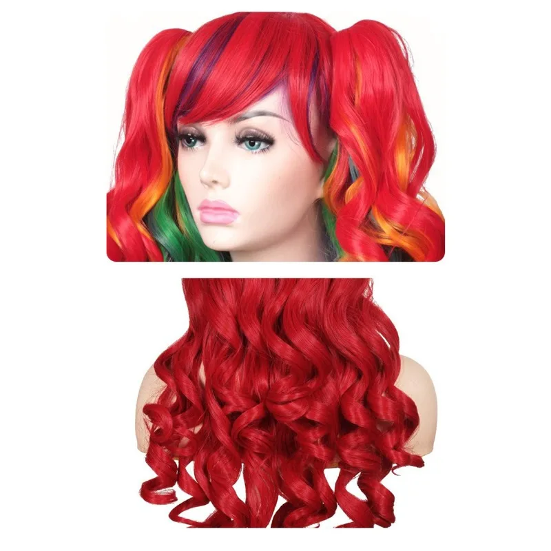 قوس قزح اللون طويل مجعد الشعر الكرة فستان احتفالي أغطية الرأس غطاء شعر مستعار حفلة عيد ميلاد الملابس والاكسسوارات شعر مستعار ذيل حصان مزدوج