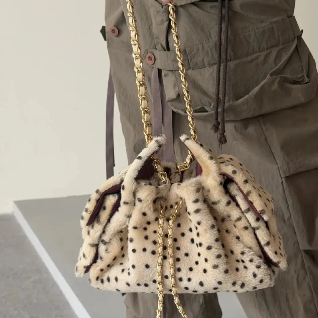 Uymi Trendy 26 Autumn New Wool Polka Dot Chain Bucket Bag Drawstring Mouth Underarm Bag Women's Fashion Handbag