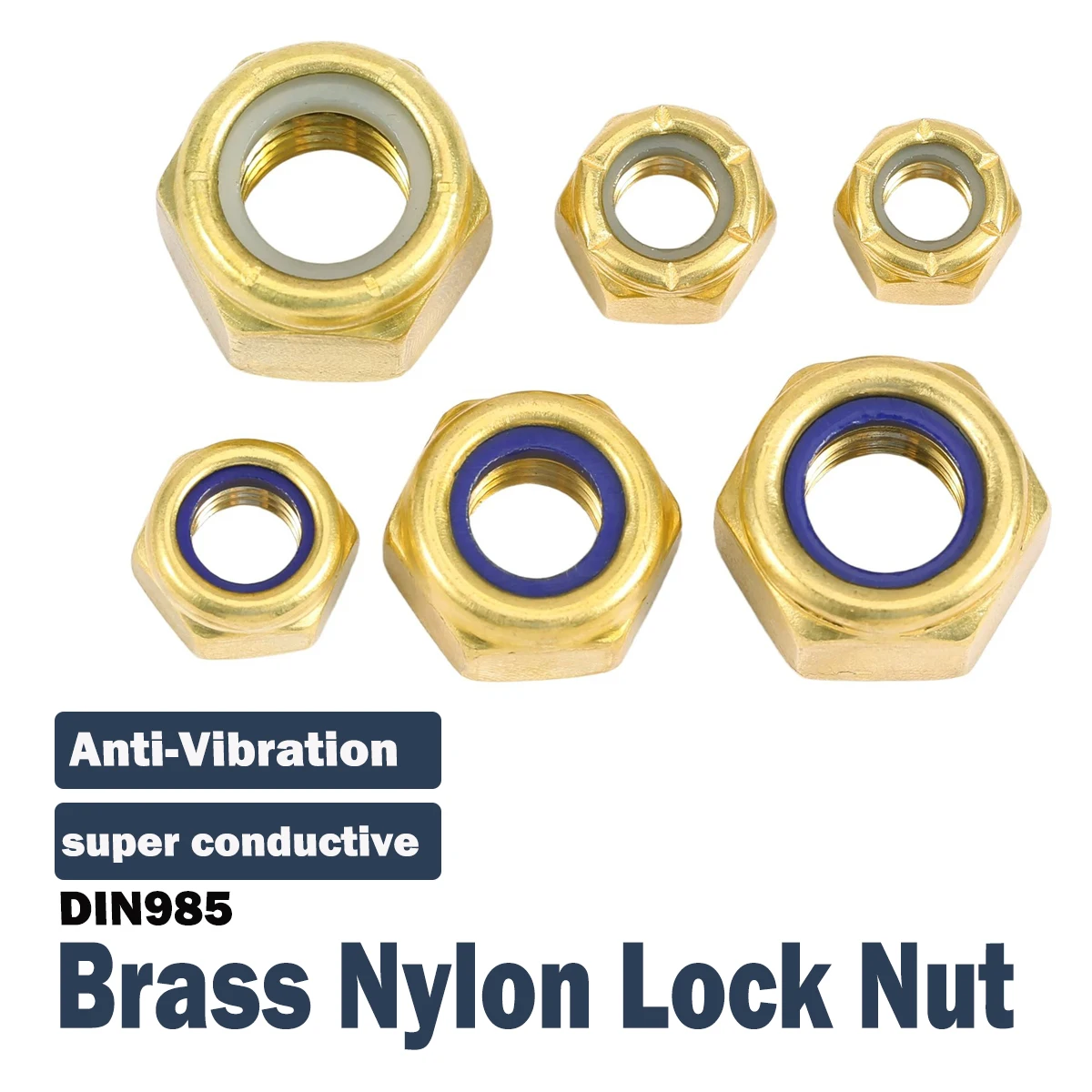 Brass Nylon Lock Nut DIN985 Self Locking Hexagon Nuts M2 M3 M4 M5 M6 M8 M10 M12 Anti-Vibration Copper Stop Nuts for DIY Projects