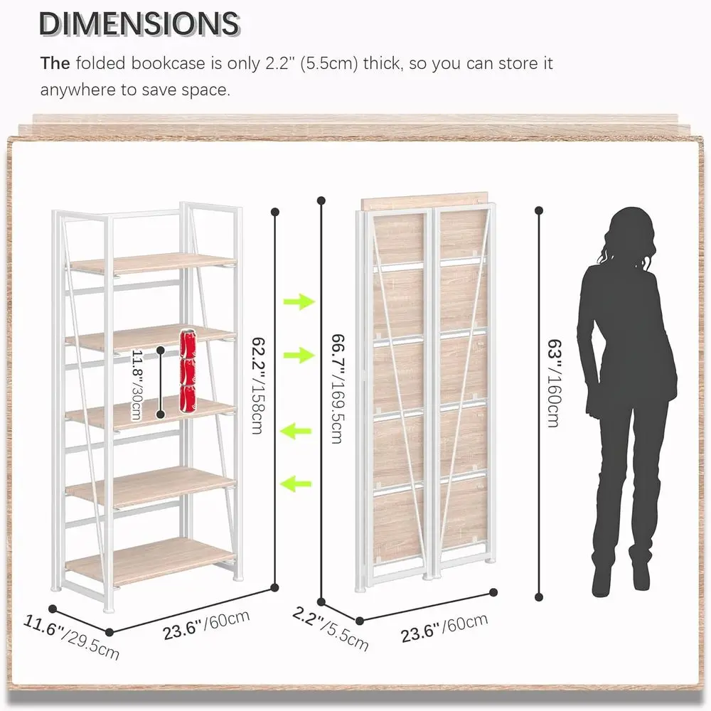 Collapsible 5-Shelf Bookshelf, 62.2 High, White, Ideal for Small Spaces Storage