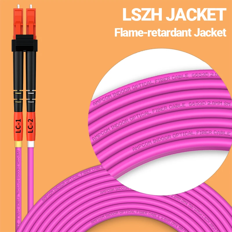 AMPCOM OM4 LC ถึง LC UPC สายแพทช์ไฟเบอร์ออปติก Multimode Duplex MMF 50/125μm 40Gbps Bend Insensitive 2.0 มม. สายไฟเบอร์ออปติก