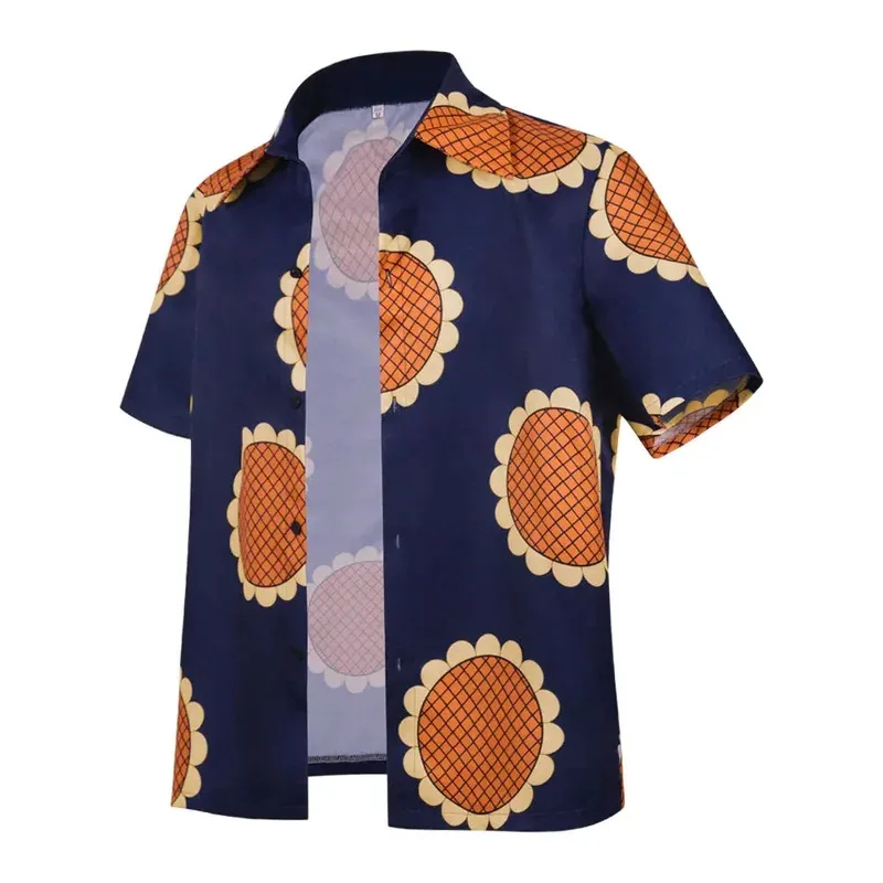 ผู้ชายอะนิเมะคอสเพลย์ฤดูร้อนดอกทานตะวันพิมพ์สีฟ้าลำลองเสื้อ-ปาร์ตี้ฮาโลวีนลูฟี่หมวกฟางเสื้อสูทเอสเอฟ/1