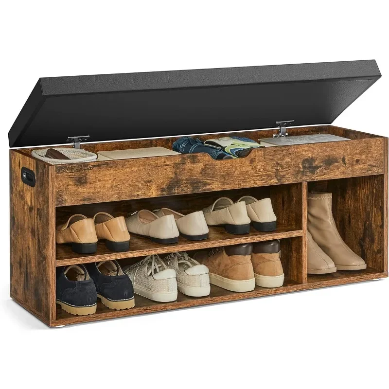 

Storage Bench with Cushion Shoe Bench with Padded Seat 3 Compartments Hidden Storage Shelves