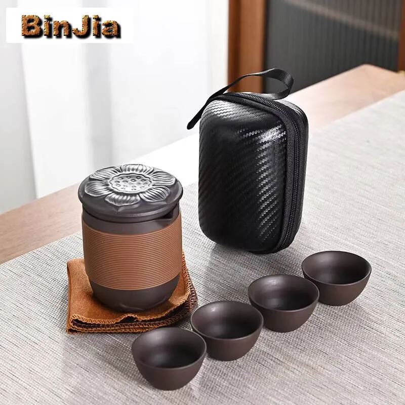 

Чайник из фиолетовой глины в форме лотоса, уличный один горшок, четыре чашки, чайный сервиз, портативная быстрая чашка, легкая дорожная игрушка для пивоварения, подарок