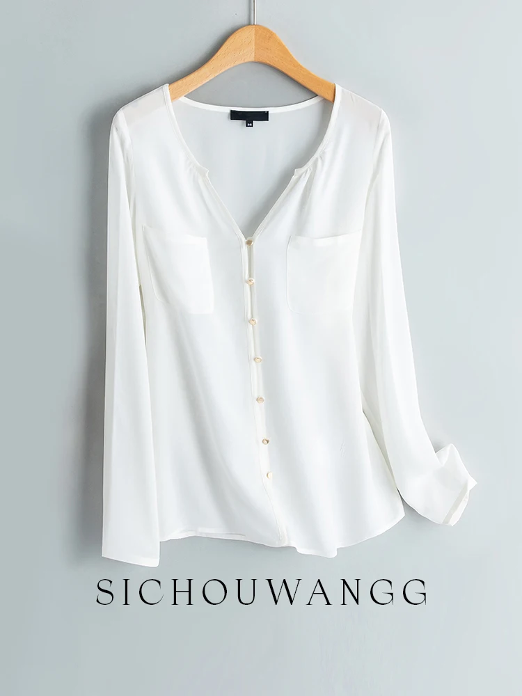 

Новая шелковая рубашка женская с длинным рукавом и v-образным вырезом, однотонная, повседневная