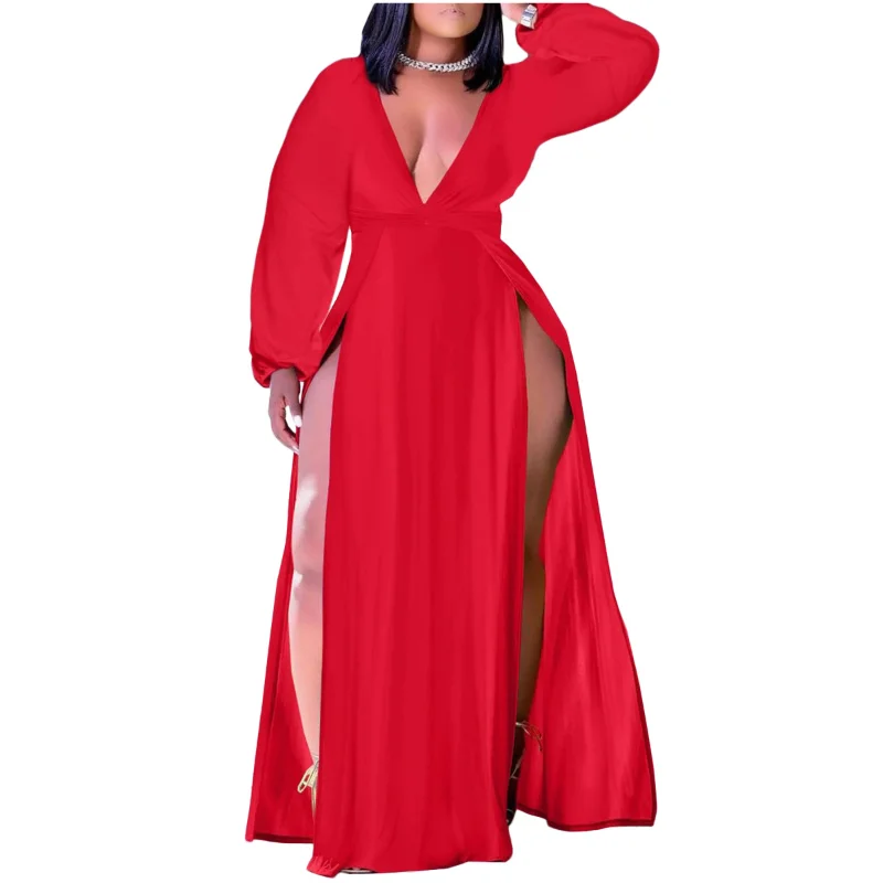 WSFEC L-4XL Fall Plus Size Dresses Women Clothing Solid Long Sleeve V Neck Split Sexy Party Evening Dress for Women 2023