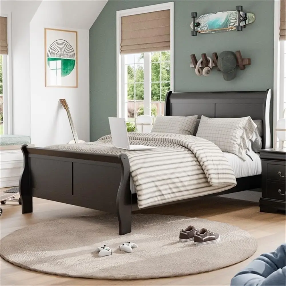 

BOWERY HILL Transitional Solid Wood Panel Twin Bed, Black inish, Sleigh Design, 83.5" L x 41.38" W x 47.25" H, Robust e, Paneled