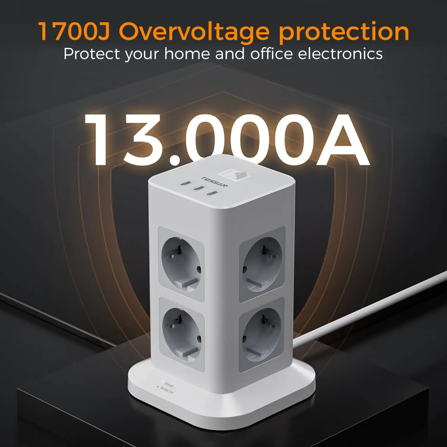 شريط طاقة متعدد لبرج تيسان مع 8 منافذ تيار متردد 3 من النوع C 1700J مقبس برج عمودي للحماية من الطفرة مع كابل 2 متر ذكي أسطواني متعدد التاباب