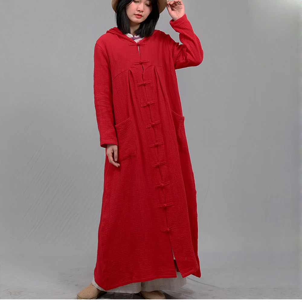 Estilo étnico cor sólida longo trench coat feminino robe fora da fivela cardigan algodão linho tamanho grande com chapéu capa outono