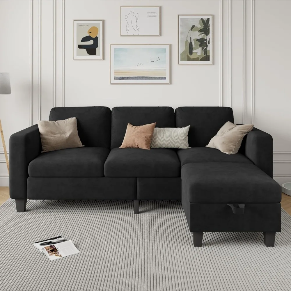 Couches for Living Room - L Shape Cloud Couch-Small Modular 3 Seat Sectional-Washable Covers-Suitable，Black，Living Room Sofa