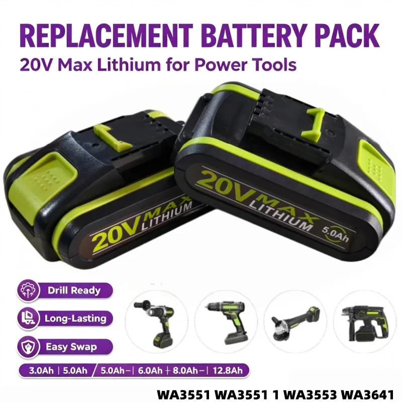Replacement 20V Lithium Battery 3.0Ah‑12.8Ah Fit For Worx lpega WA3553 WA3641 WU268 WX678 WX550 WX550.2 Garden Tools