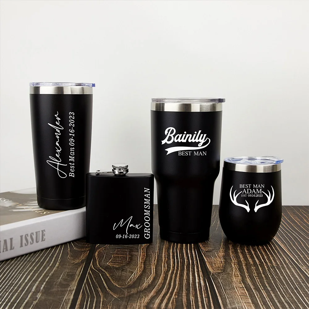 Wine Tumbler Blcak 6 12 20oz Personalized Groomsman's Tumbler Hip Flask, Groomsman Proposal, Wedding Party Gift for Best Man Set