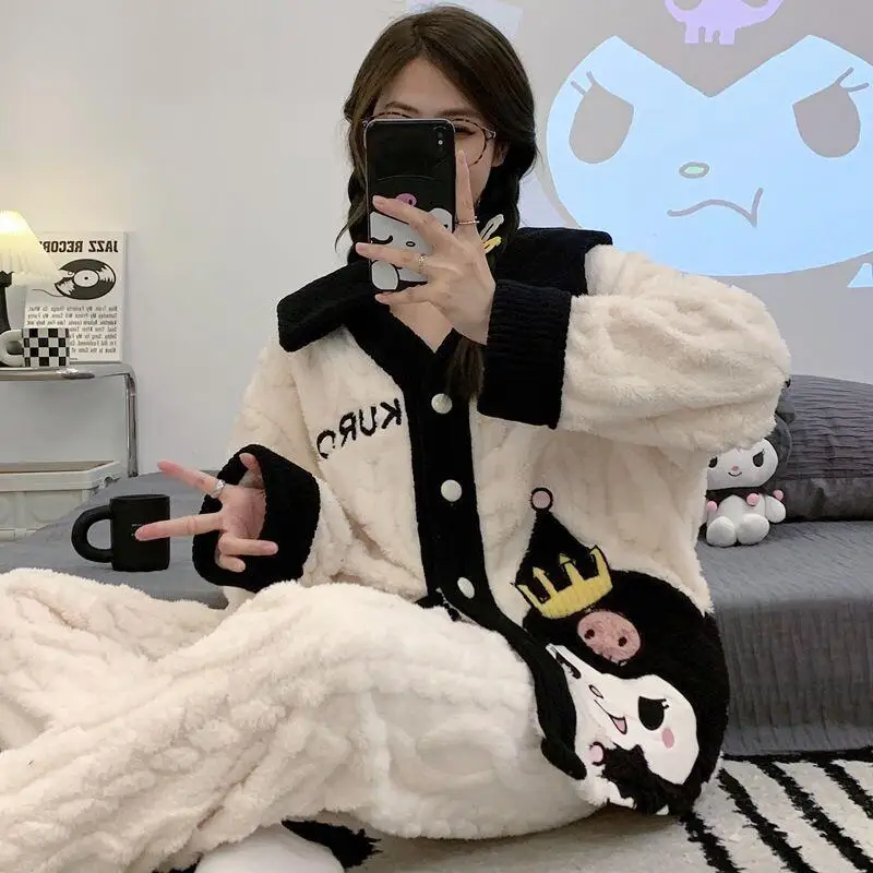 

Комплект пижамы и домашней одежды Sanrio Kuromi Pochacco: флисовый пуловер с длинными рукавами, женский, в японском стиле, утепленный, осенне-зимний