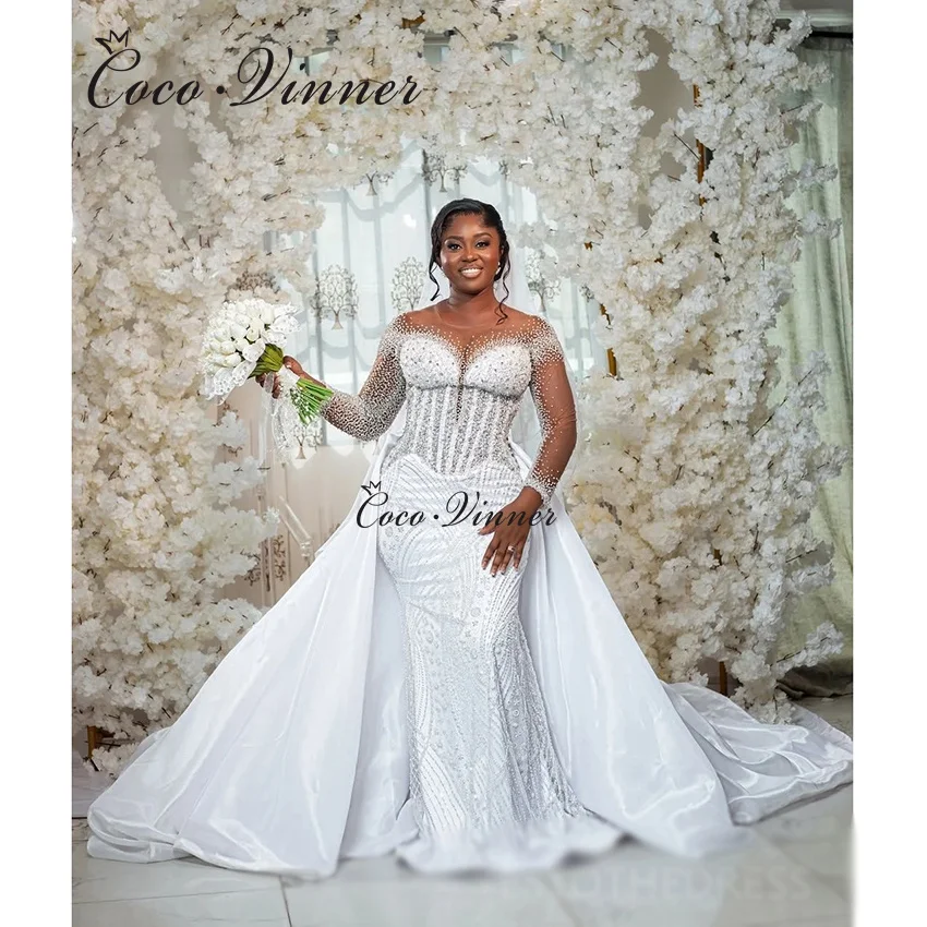 맞춤형 럭셔리 비딩 2 IN 1 웨딩 드레스 여성용 2026 신상 크리스탈 비즈 인어 웨딩 드레스 탈부착 가능한 스커트 W1503