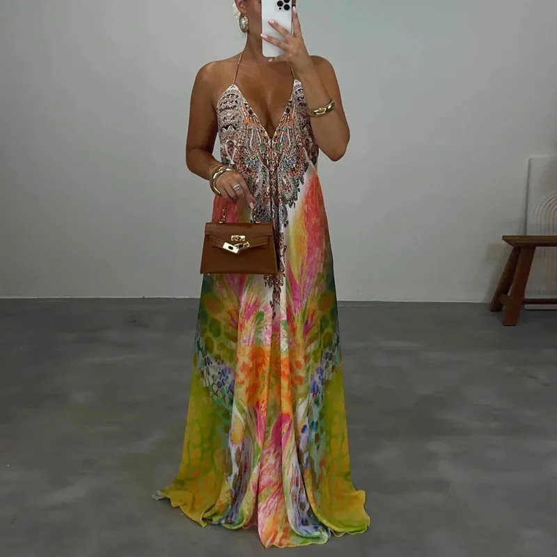 Robe Camisole creuse à col en V profond pour femme, longue, imprimée, ample, balançoire, Sexy, à lacets, dos nu, style Boho, nouvelle collection été