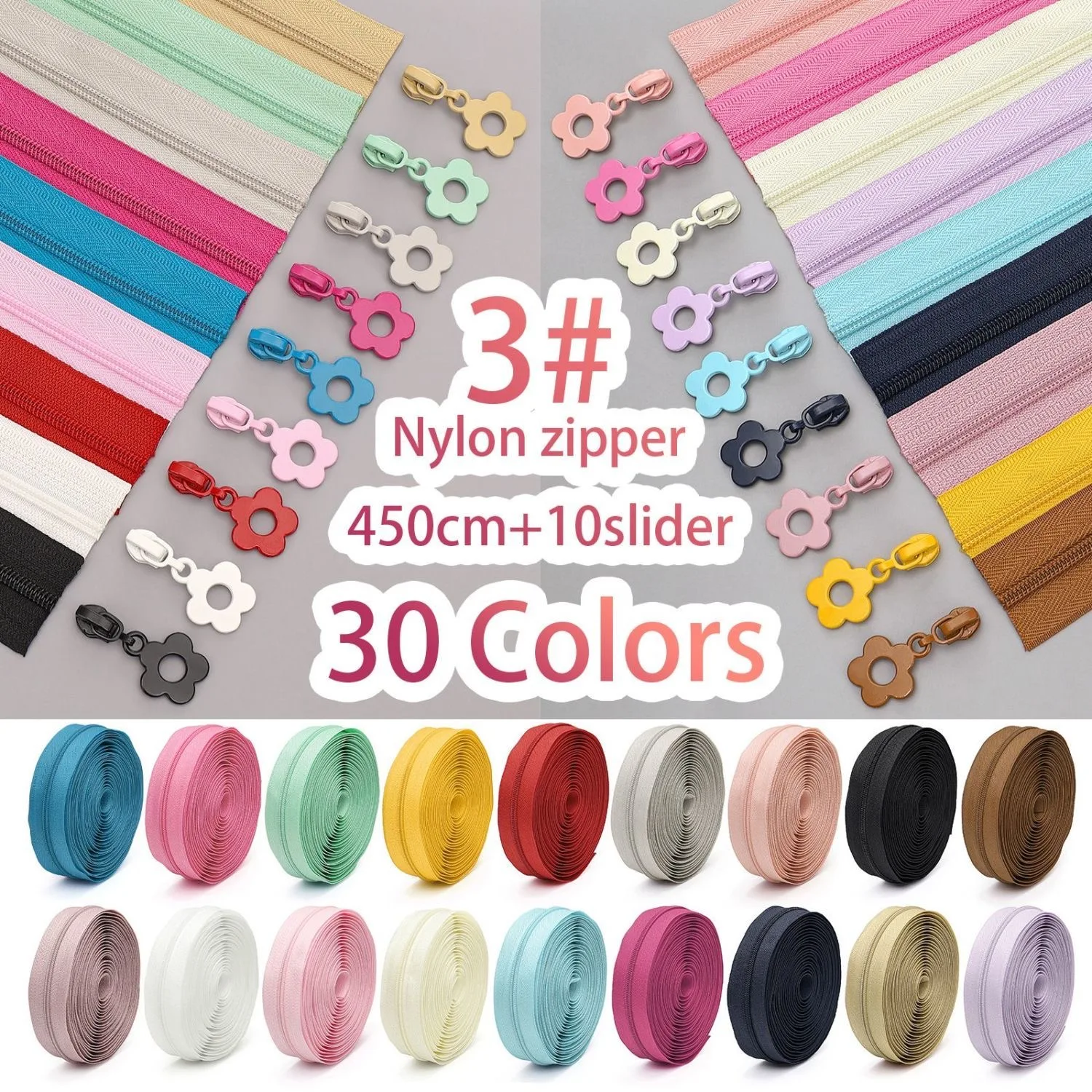 #3 Nylon Zipper 4.5 Meters and 10 Small Flower Zipper Pulls Suitable for DIY on Suitcases Bags and Pencil Cases