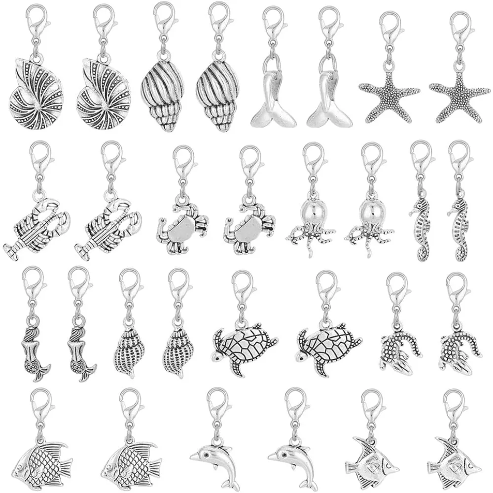 30 Pcs 15 Styles Sea Zipper Pull Charm Ocean Animal Alloy  Pendant Turtle Shell Fish  Pull  Puller Decoration