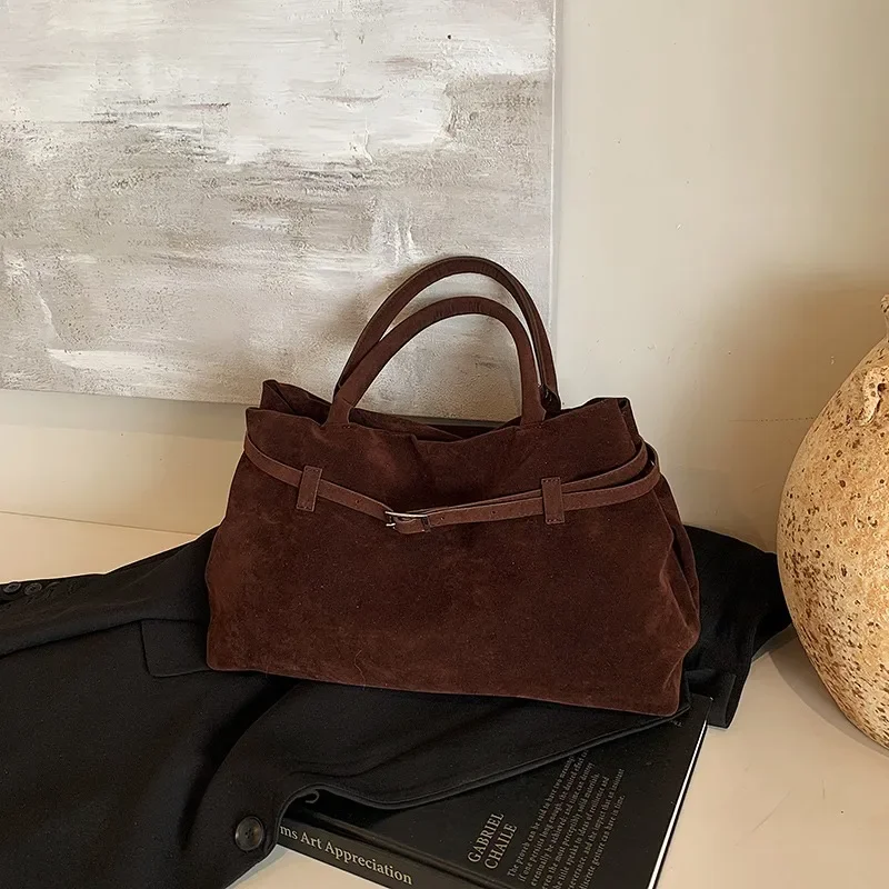 여성용 대용량 인조 스웨이드 핸드백, 단색 핀 버클 벨트 장식, 캐주얼 토트 숄더백, 2024 핫 세일