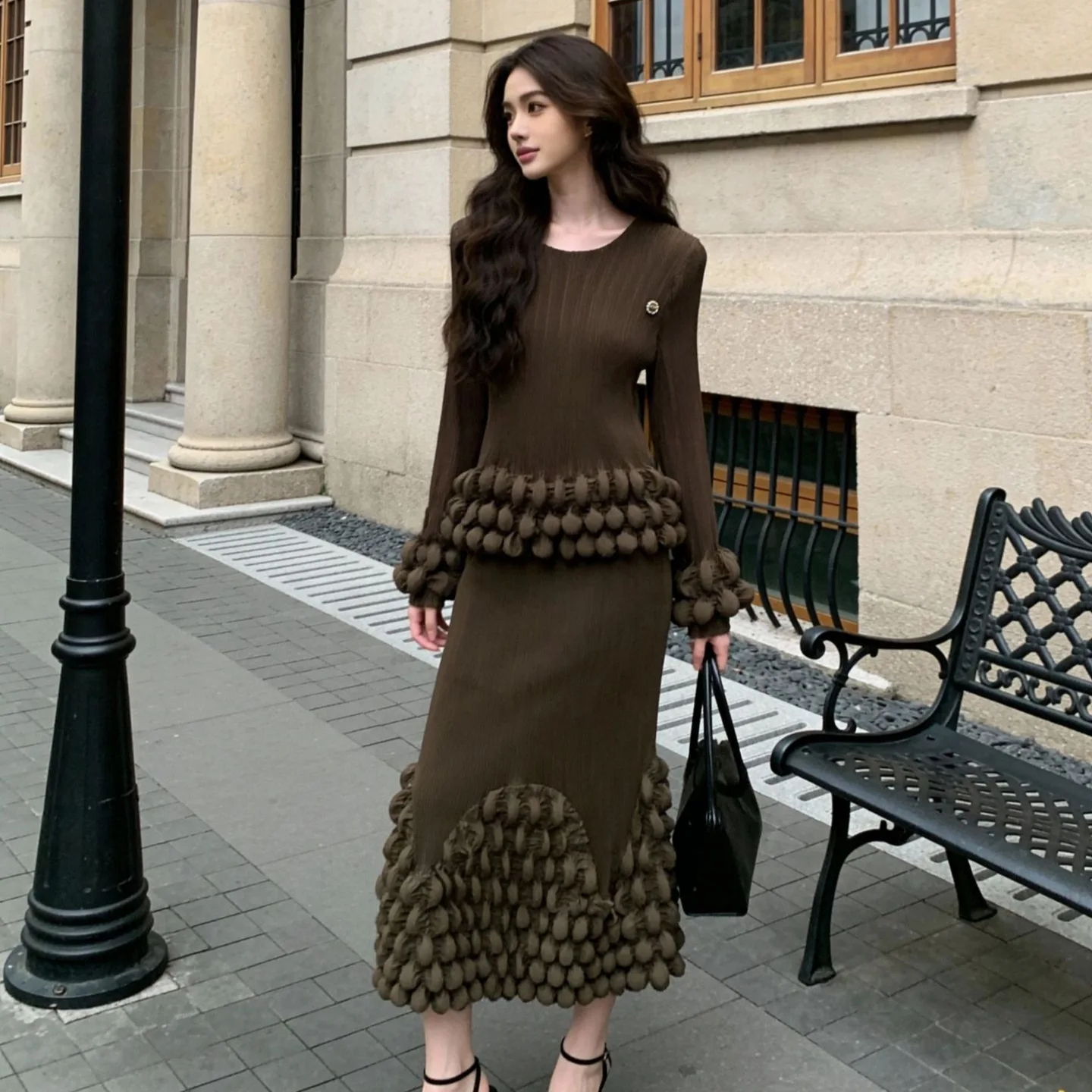 Pleated 3D Ball Decor Long-Sleeve Top & Midi Skirt Two-Piece Set Chic Elegant Vintage Trendy Daily Casual Essential 2026