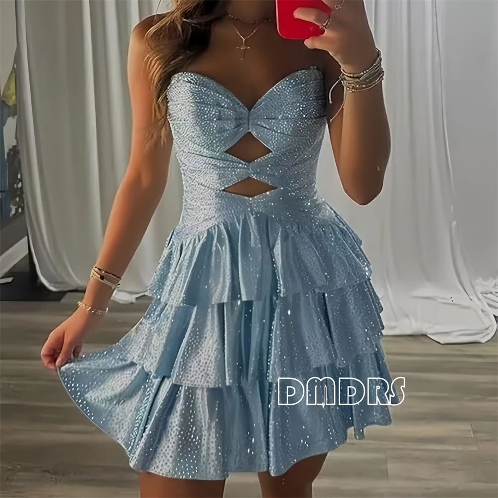 

Sparkly Sequin Homecoming Dresses for Teens Cut Out Mini A Line Prom Party Gown Tiered Cockail Night Club Dresses