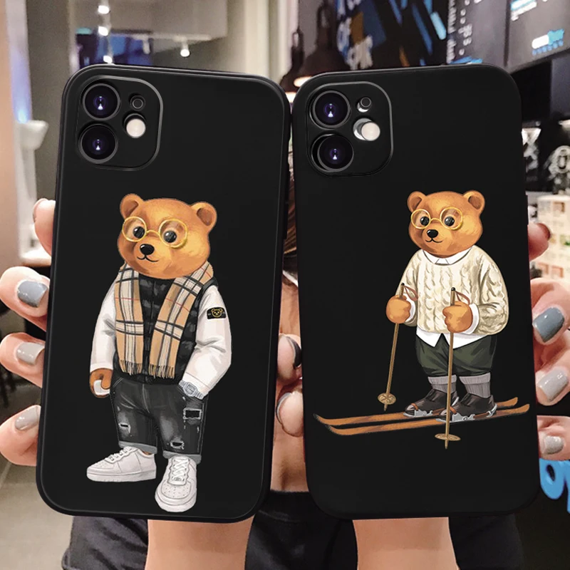 Cute Bear Fashion Brand Case For iPhone 11 12 13 14 15 Pro XS Max XR X 7 8 14 15 Plus SE 2020 12 13Mini Black Soft Silicone Case