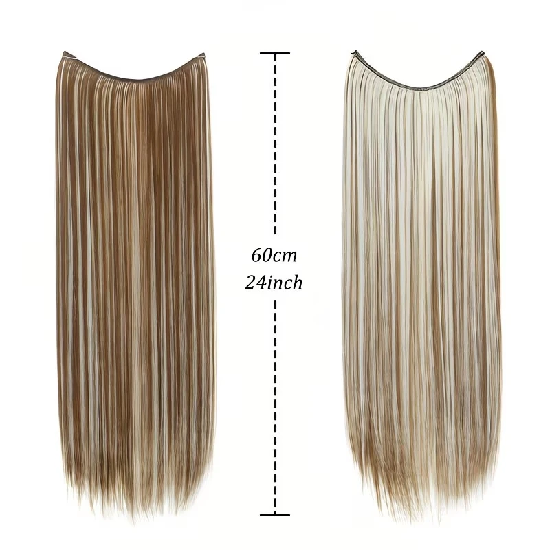 24Inch Long Straight Synthetic Hair Extensions Invisible Fishing Line One Piece Hairpieces for Women