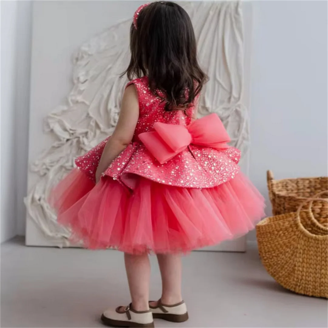 Flower Girl Dresses Dark Pink Tulle Puffy Sequin With Bow Sleeveless For Wedding Birthday Prom Holy Communion Gowns