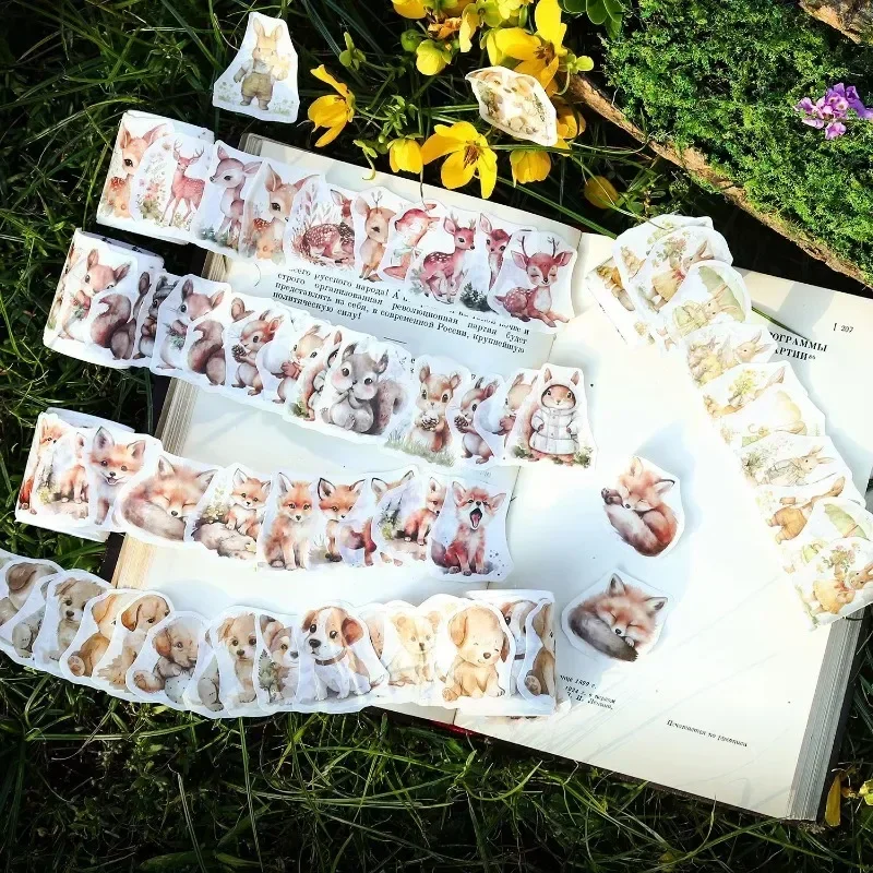 1Roll 45Pcs Handbook Material Stickers Tape Forest Zoological Society Animal  Adhesives Supplies Tapes Scrapbook cut 140*100mm