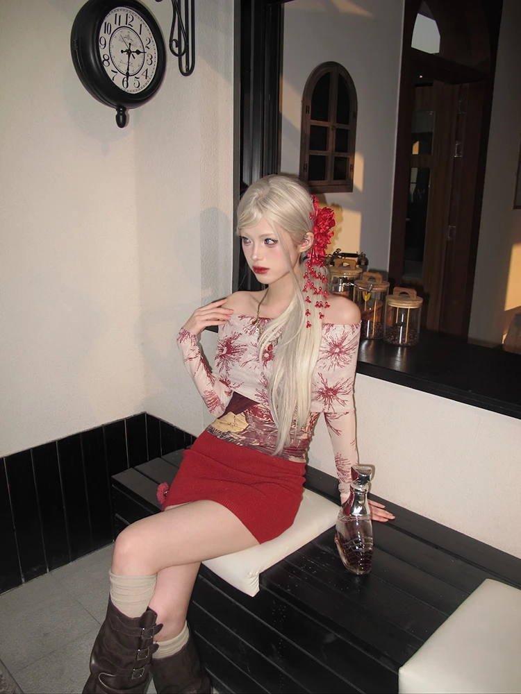 Erwofeina T-shirt con grafica floreale Abiti da donna con spalle scoperte Abiti anni 2000 Y2k Manica lunga Indie Folk Tees Abbigliamento femminile Chic