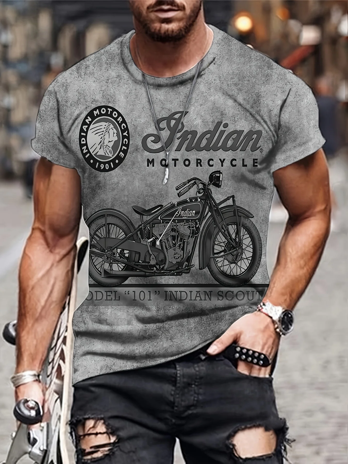 Retro Style Motorcycle Print Men's Graphic T-shirt Casual Tees For Summer Mens Clothing Soft Slight Stretch Polyester Fabric