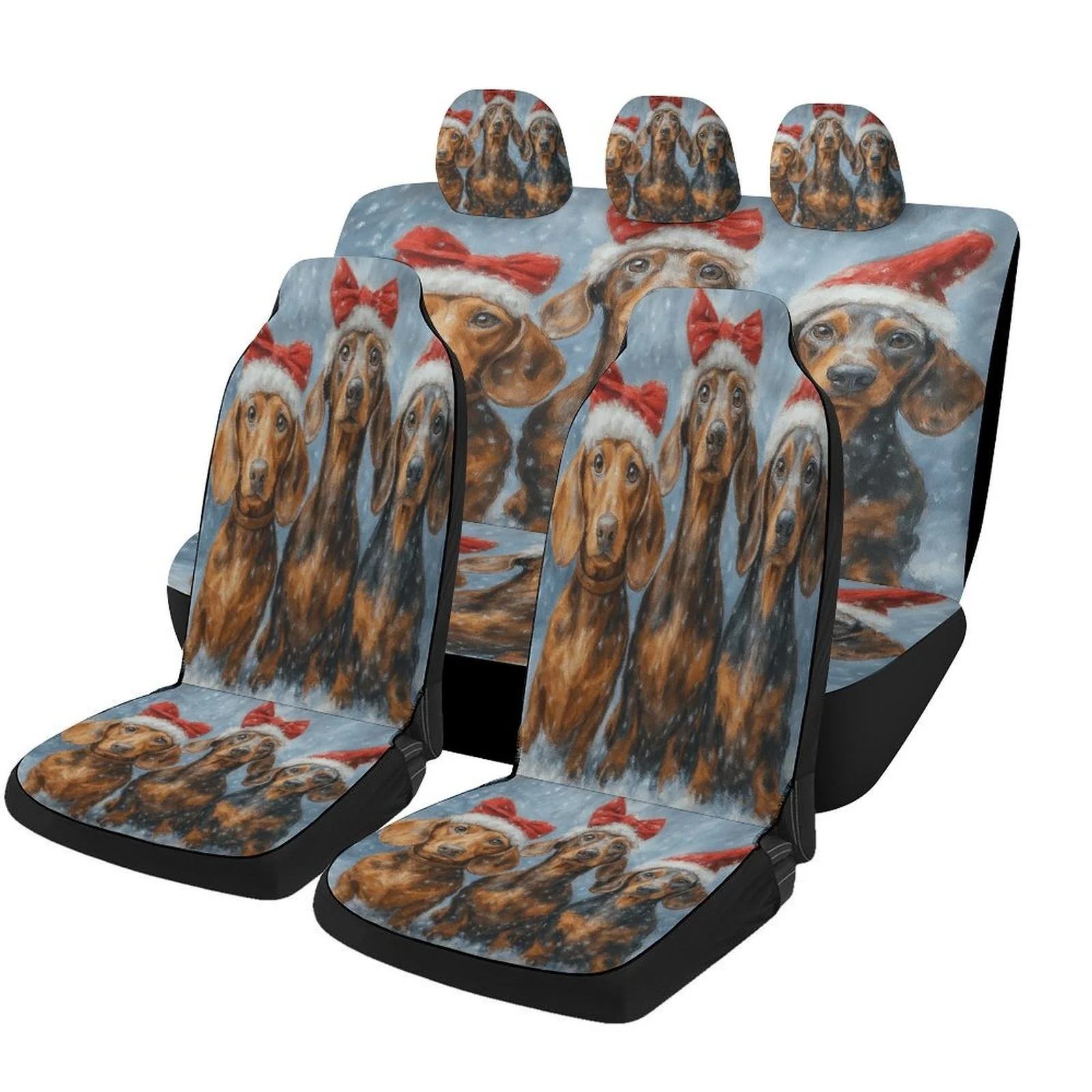 Christmas Dachshunds Car Seat Cover Set - Festive Santa & Reindeer Design, High-Quality Polyester, Fit For Most Cars, Ideal For