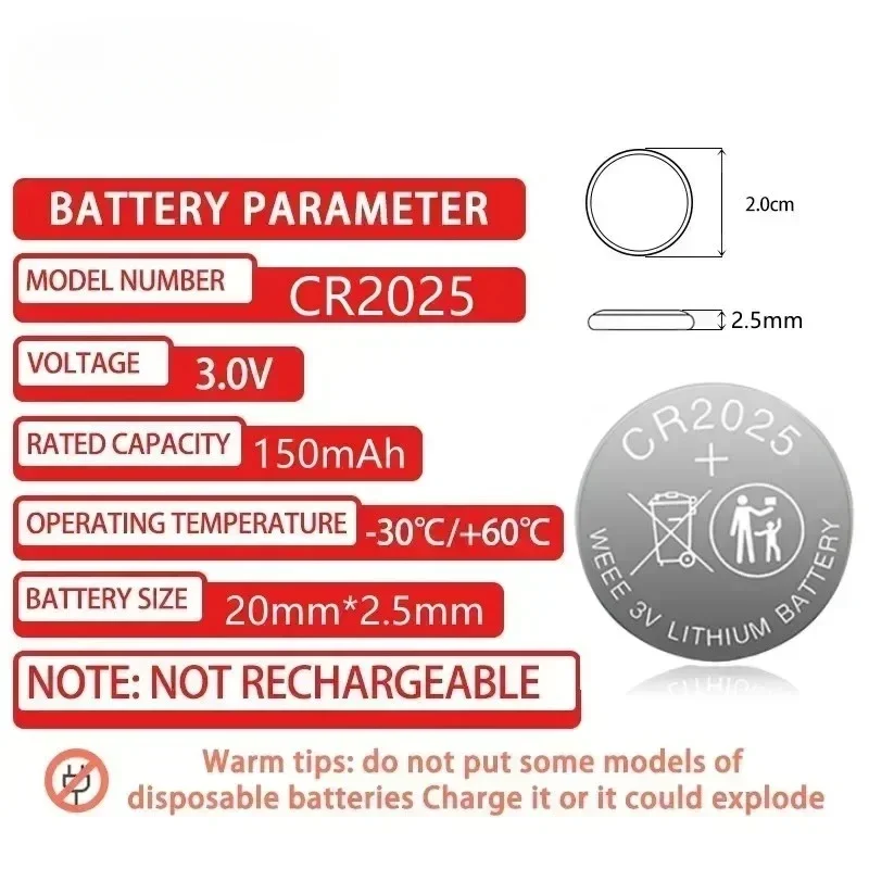 50PCS 3V CR2025 Lithium Button Battery DL2025 BR2025 5003LC LM2025 CR 2025 Coin Cell Watch Batteries for Toys Clock Computer