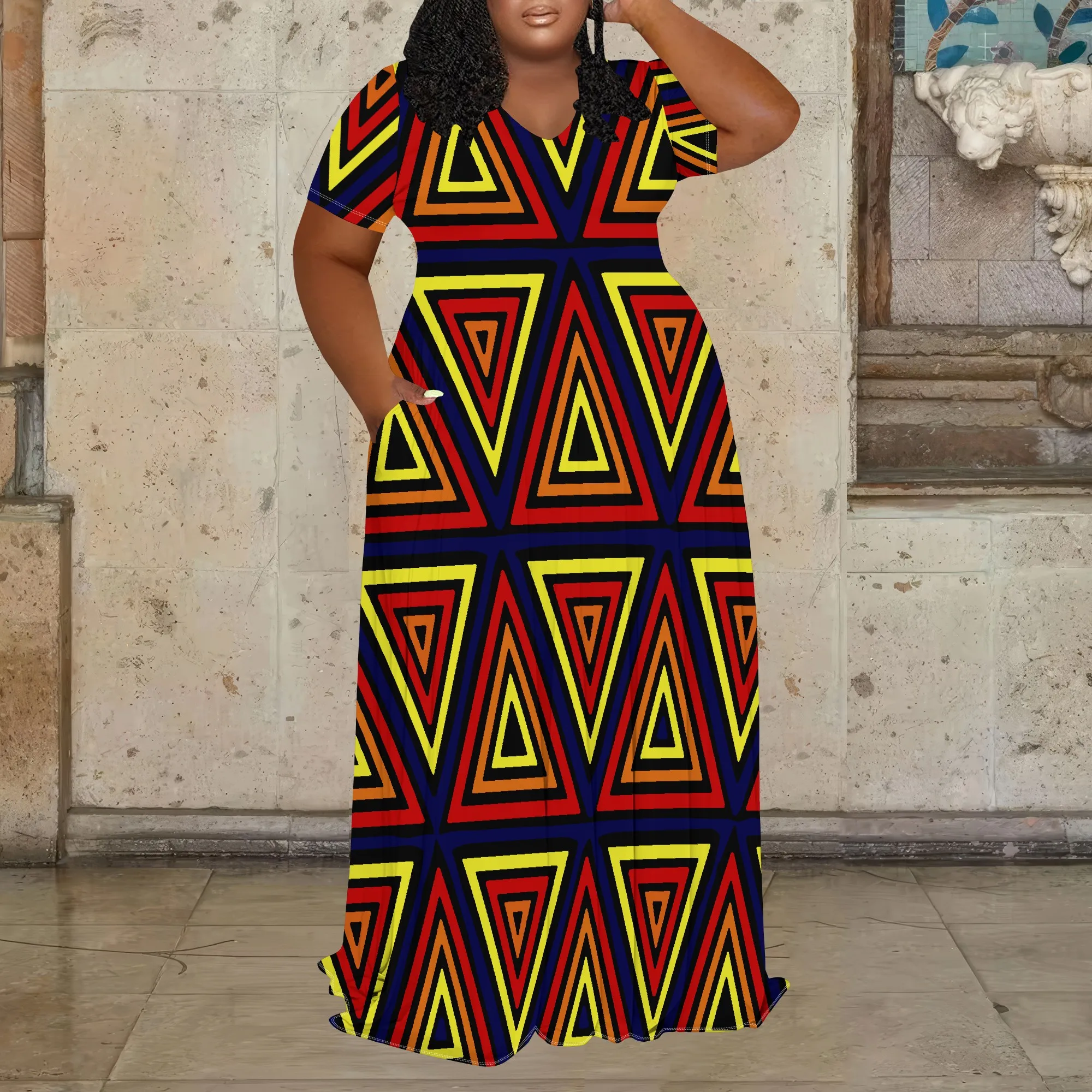 

﻿ Женское летнее модное платье больших размеров с 3D принтом, платье макси с короткими рукавами и v-образным вырезом (с карманами)