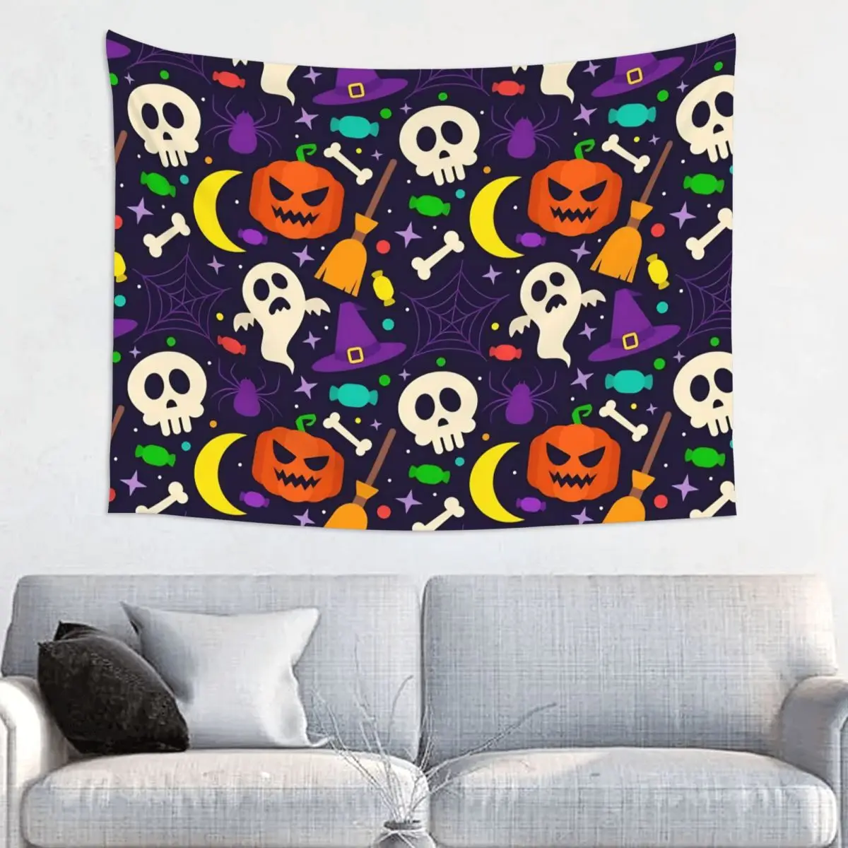 Halloween Tapestry Hippie Fabric Wall Hanging Ghost Skull Bats Home Decor Curtain Retro Wall Blanket