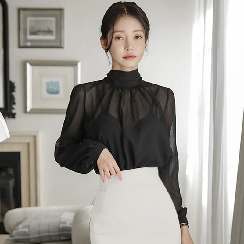 New Fashion Long Sleeve Turtleneck Women Blouse Casual Black Chiffon Blouse Shirt Women Tops Blusas Mujer De Moda 2024 Blusa I75