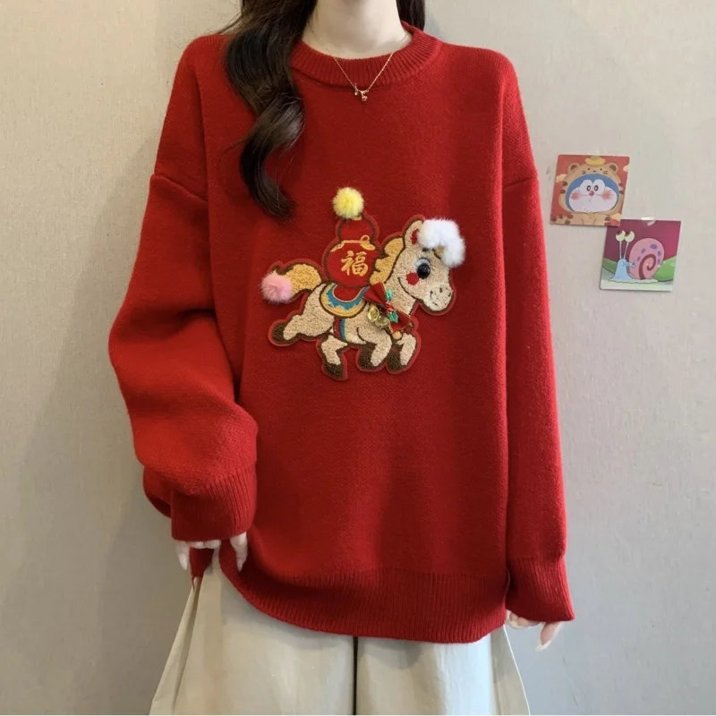New Year's Christmas red heavy embroidery pony sweater women's winter new style good-looking, lazy and slimming top