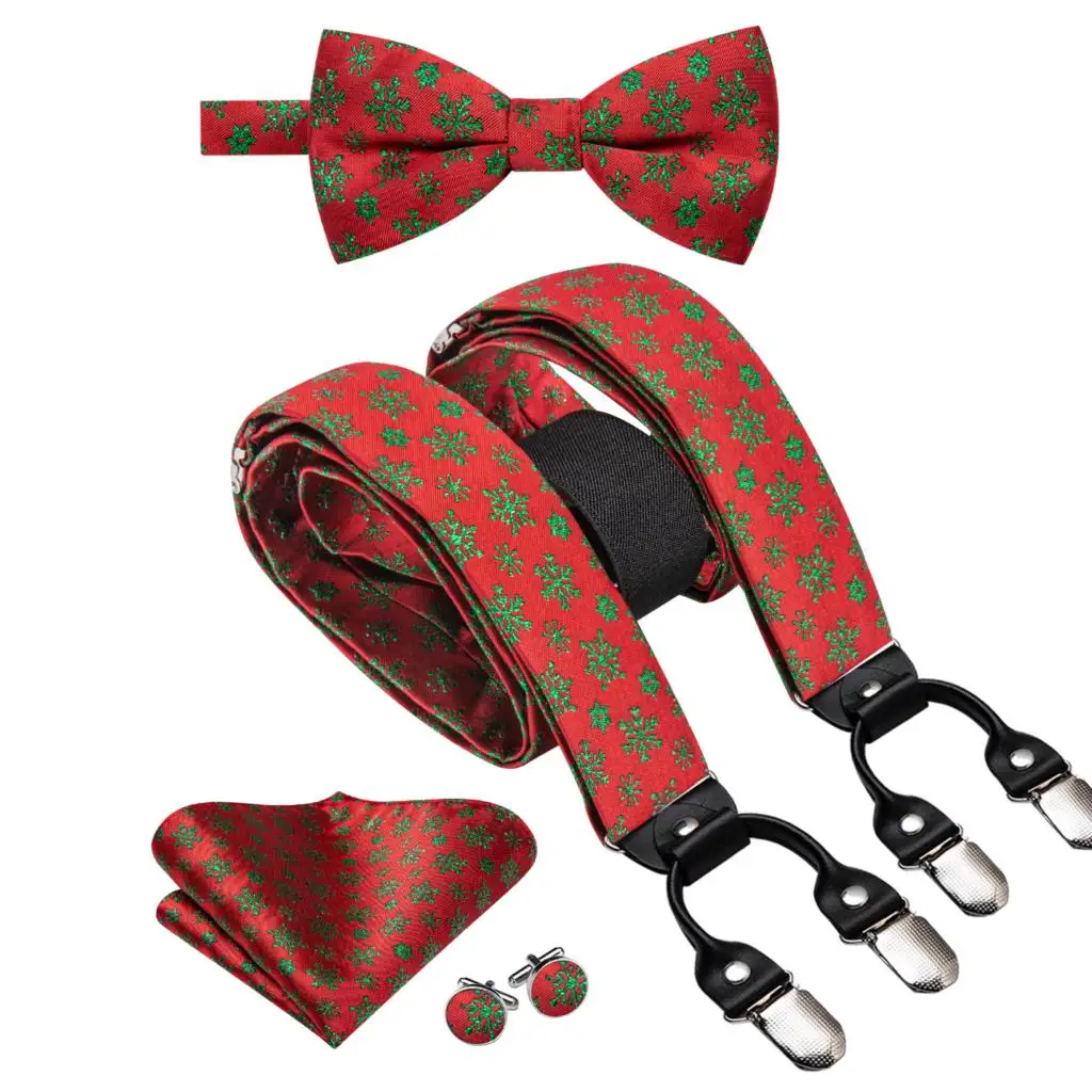 Hi-Tie-corbata de seda roja y verde para hombre, suspensorio de Navidad, gemelos de pañuelo, Clip ajustable, Brace de Navidad para boda masculina, venta al por mayor