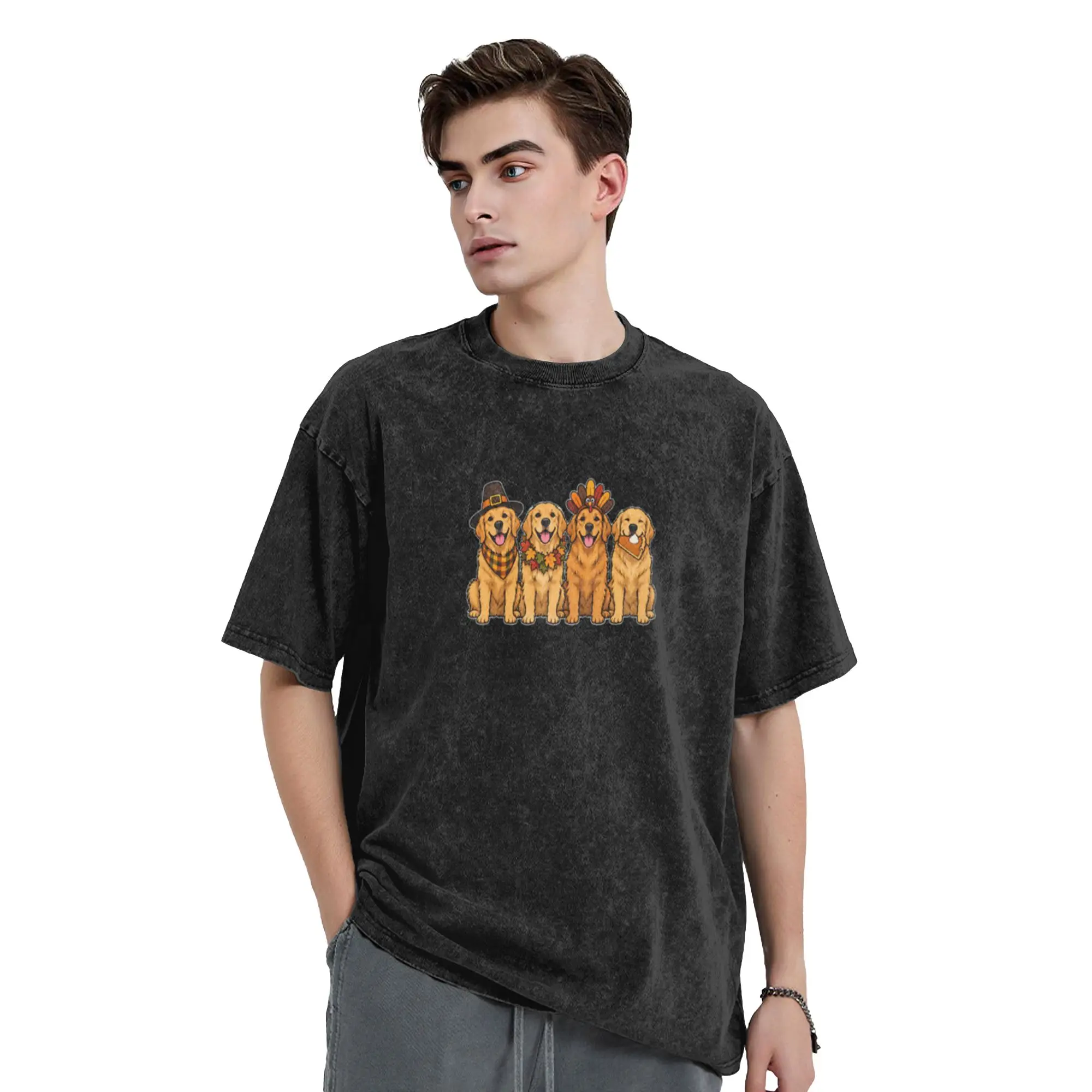 Thanksgiving Dog Four Cartoon Pups Autumn Feast  Classic Chic A Vintage Oversized Cotton Unisex T-Shirts